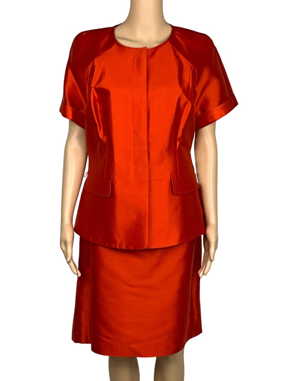 NWT Albert Nipon Orange Wool Silk Skirt Suit Short Sleeve Jacket Size 12